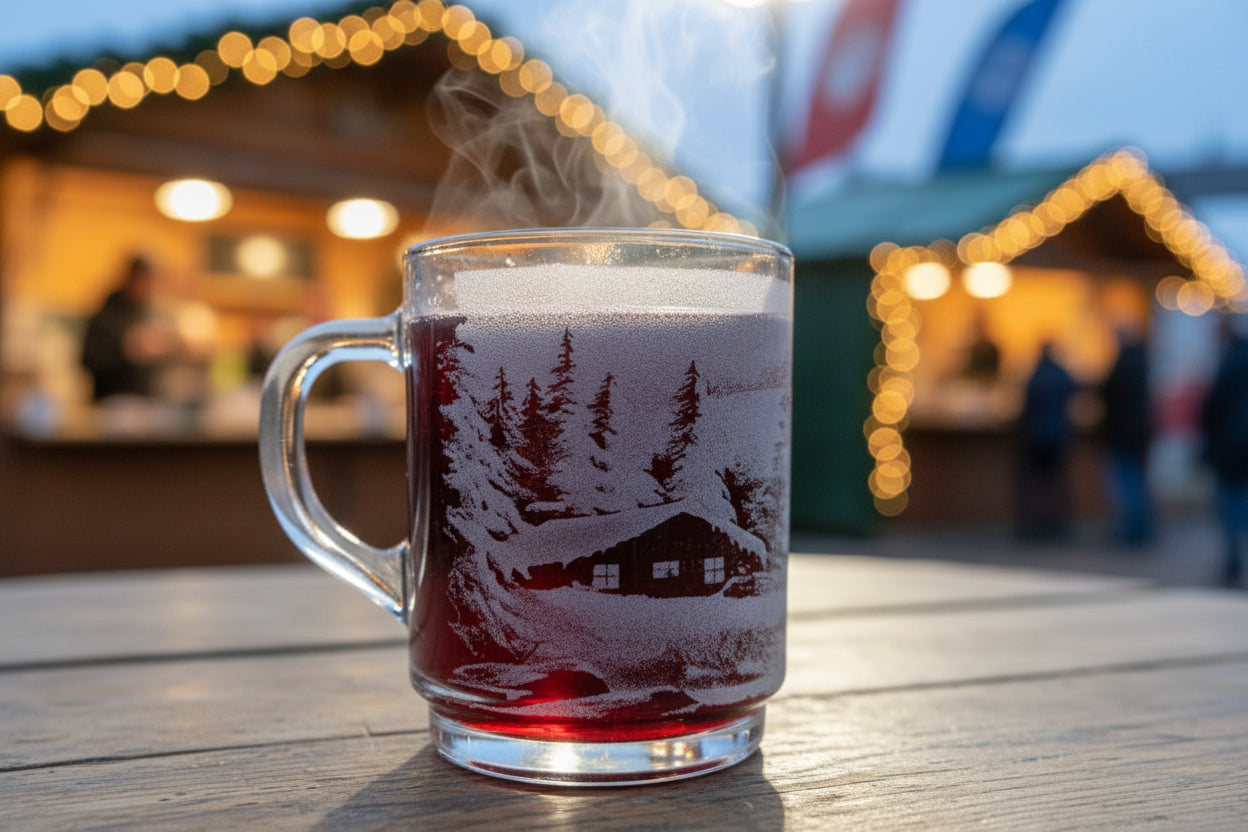 Glühweinglas mit Winterlandschaft