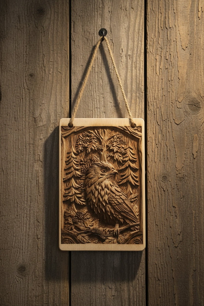Holzbild Habicht - Relief – Lasergravur auf Echtholz
