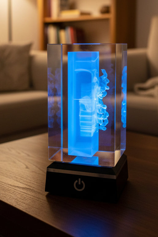K9 Crystal Totenkopf in der Wand – 3D Lasergravur Würfel mit LED Sockel