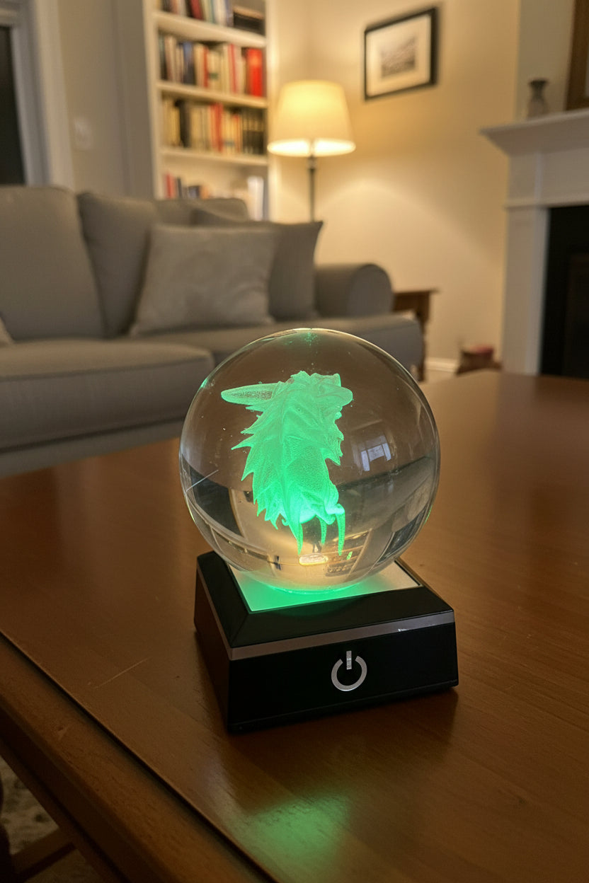K9 Crystal Drache – 3D Lasergravur Kugel mit LED Sockel