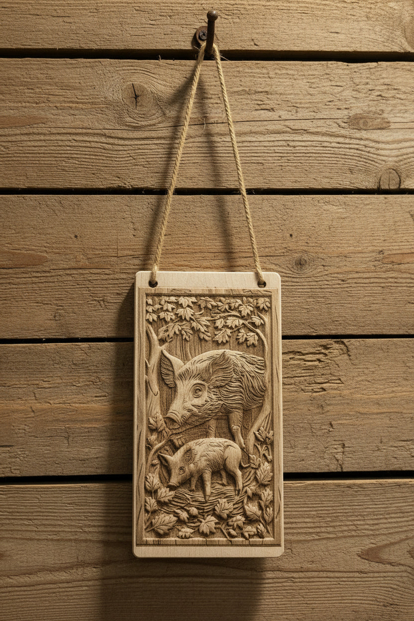 Holzbild Wildschwein mit Ferkel - Relief – Lasergravur auf Echtholz