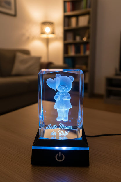 K9 Crystal "Beste Mama der Welt" – 3D Lasergravur mit LED Sockel