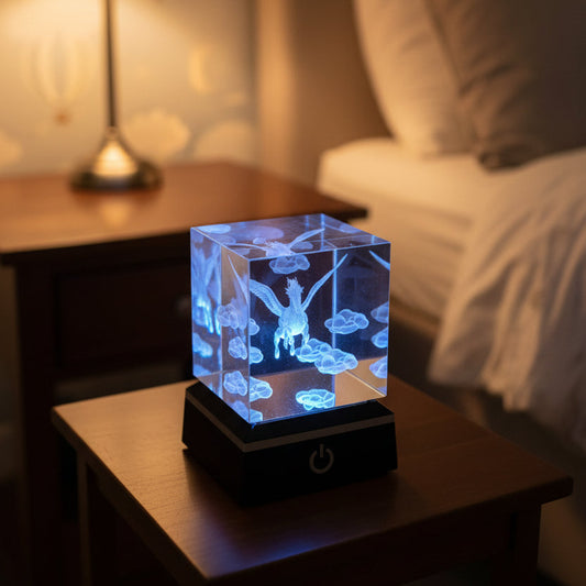 K9 Crystal Einhorn – 3D Lasergravur Würfel mit LED Sockel