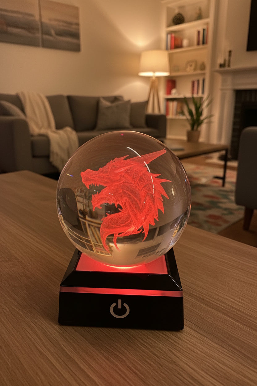 K9 Crystal Drache – 3D Lasergravur Kugel mit LED Sockel