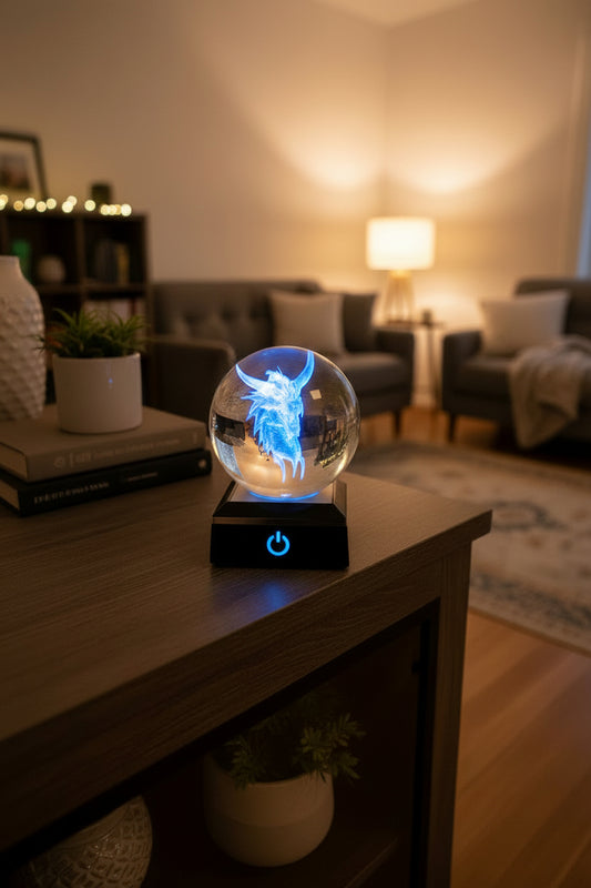 K9 Crystal Drache – 3D Lasergravur Kugel mit LED Sockel