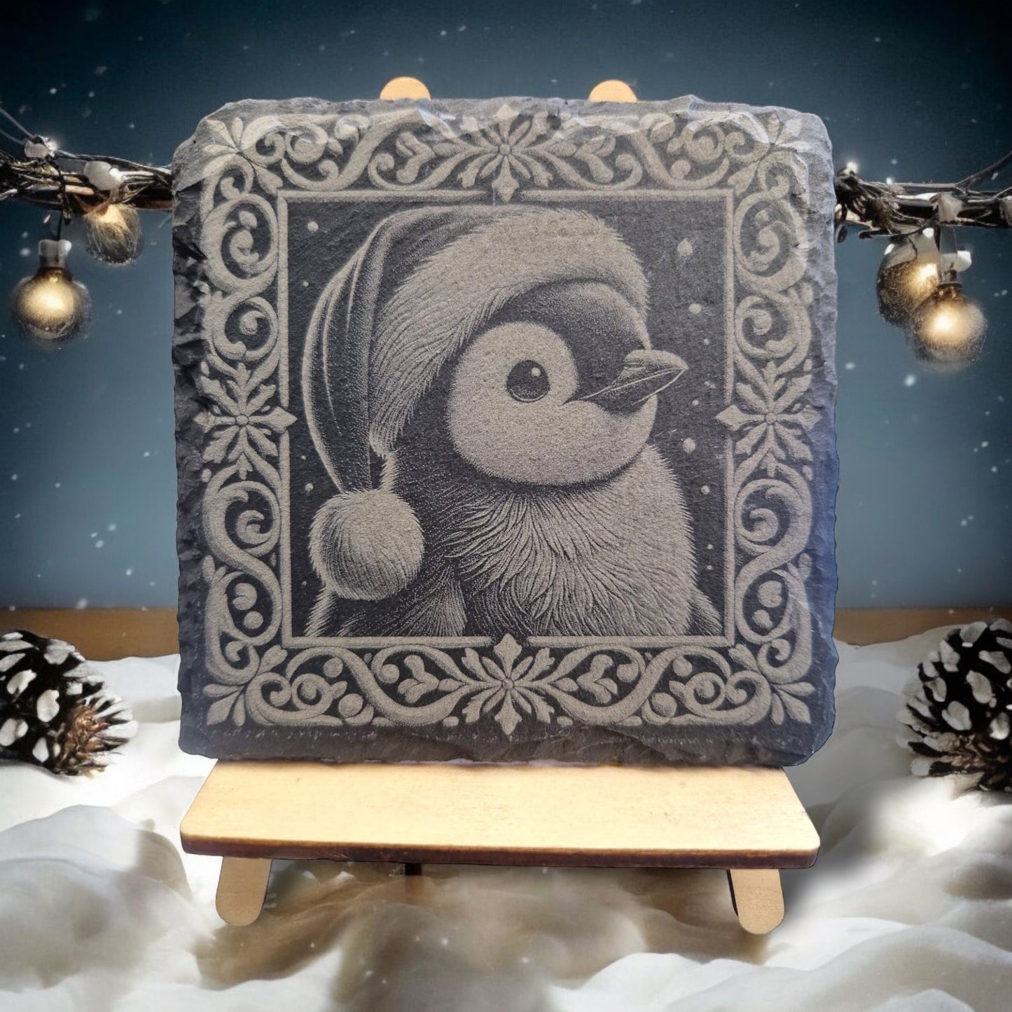 Schiefer Untersetzer "Pinguin mit Weihnachtsmütze 3 D"