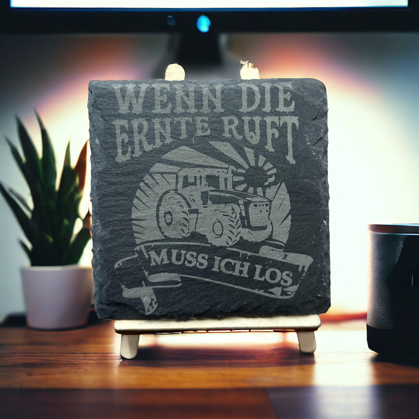 Slate coaster "When the harvest calls"